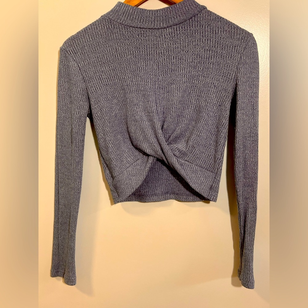 Blue  Ribbed Knit Twist-Front Top